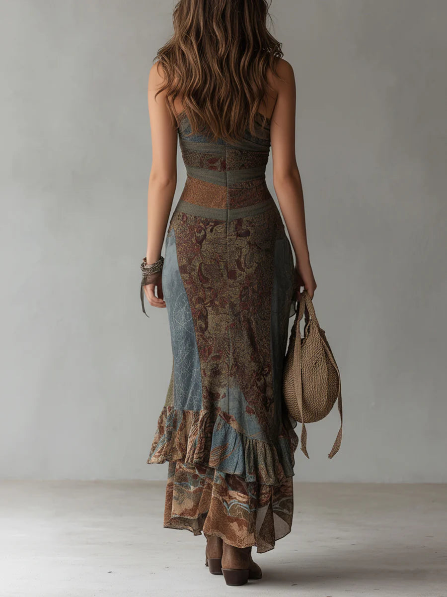 Elena | Printed Maxi Dress with One Shoulder Strap and Ruffled Split