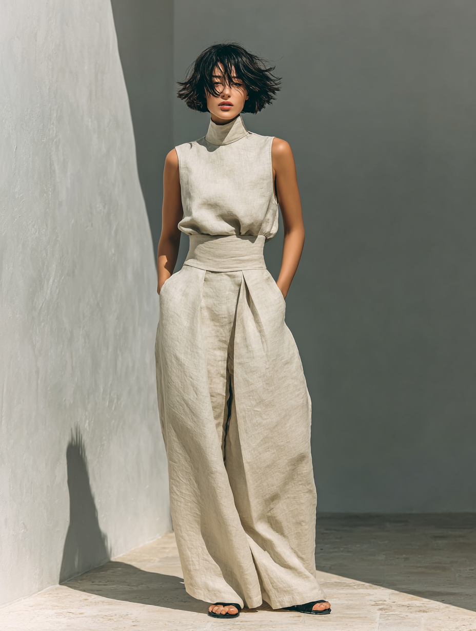 Maria - Set with a top and wide cotton and linen pants in a minimalist style for women
