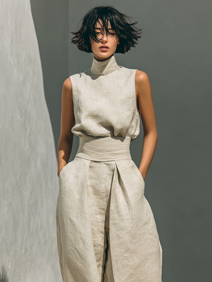 Maria - Set with a top and wide cotton and linen pants in a minimalist style for women