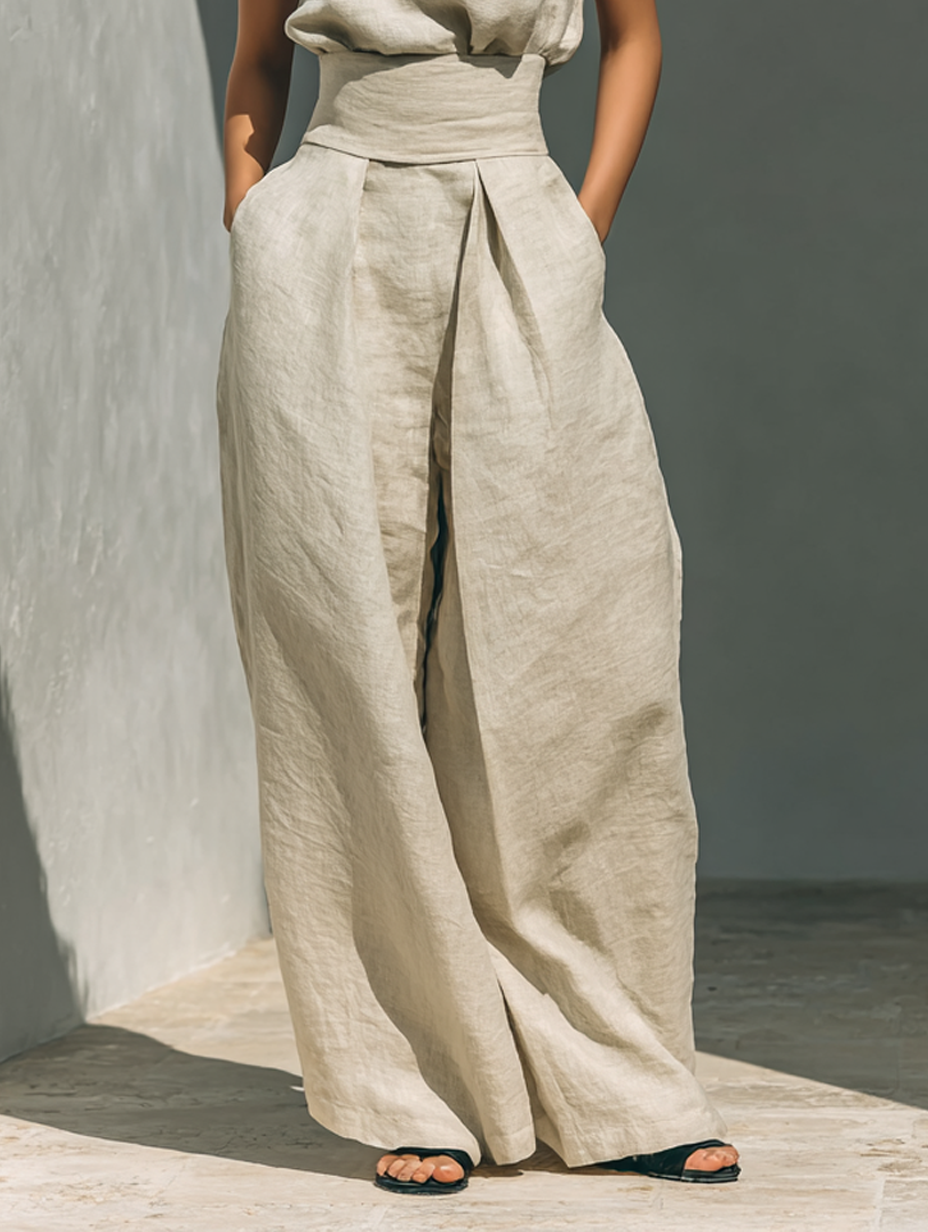 Maria - Set with a top and wide cotton and linen pants in a minimalist style for women