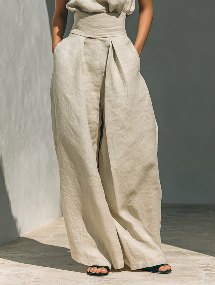 Maria - Set with a top and wide cotton and linen pants in a minimalist style for women
