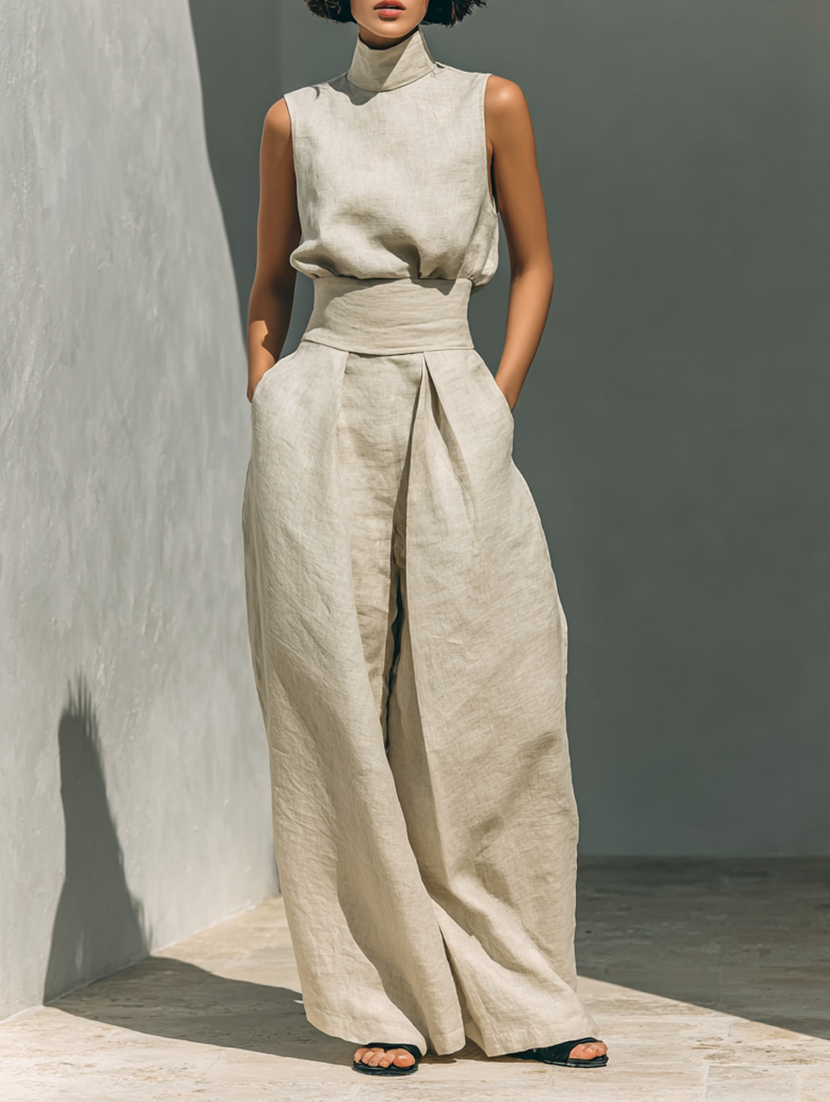 Maria - Set with a top and wide cotton and linen pants in a minimalist style for women