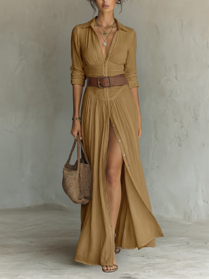 Long Maxi Dress with Notched Collar and Long Sleeves in Linen for Women