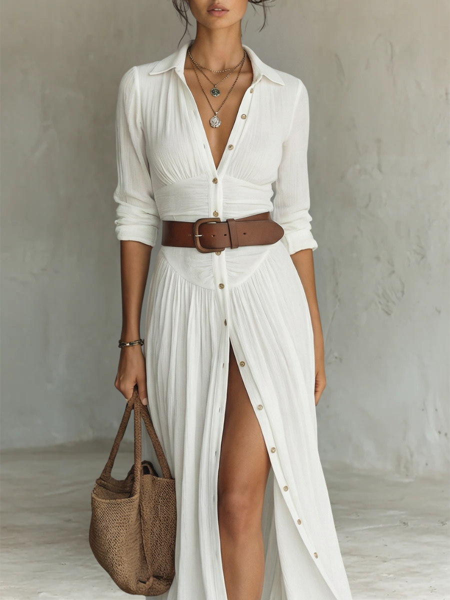 Long Maxi Dress with Notched Collar and Long Sleeves in Linen for Women
