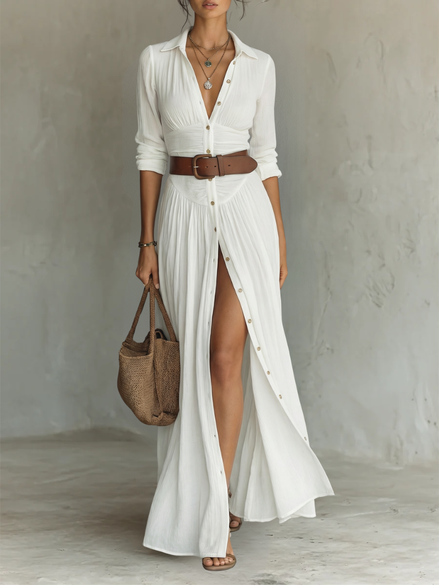 Long Maxi Dress with Notched Collar and Long Sleeves in Linen for Women