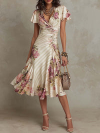 Alba | Elegant Midi Fall Wedding Guest Dress Draped with Flowers