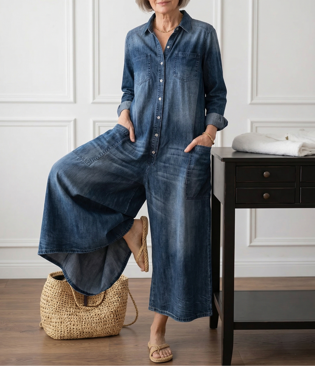 Vintage-Washed Denim Jumpsuit