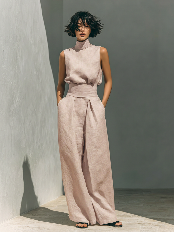 Maria - Set with a top and wide cotton and linen pants in a minimalist style for women