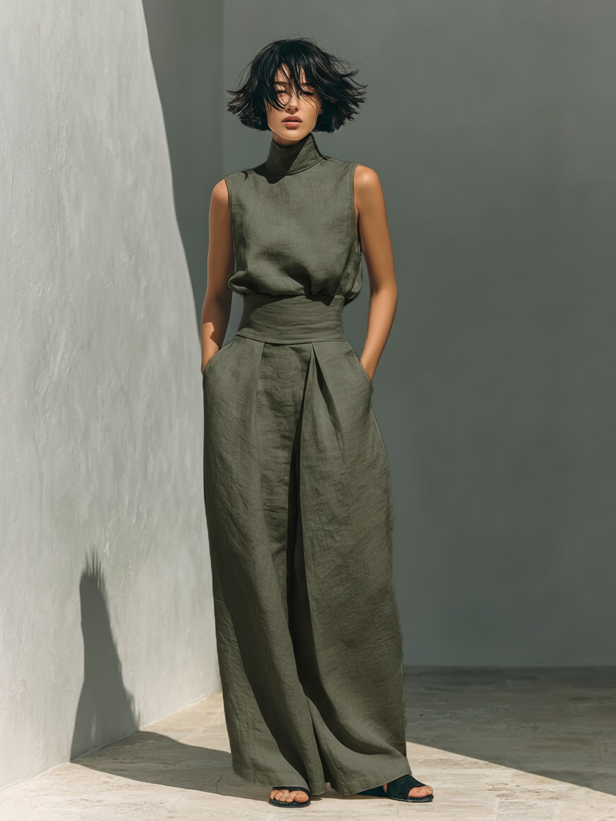 Maria - Set with a top and wide cotton and linen pants in a minimalist style for women