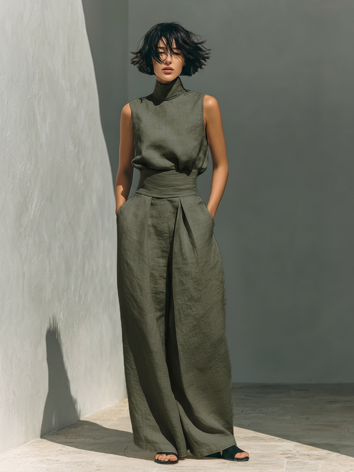 Maria - Set with a top and wide cotton and linen pants in a minimalist style for women