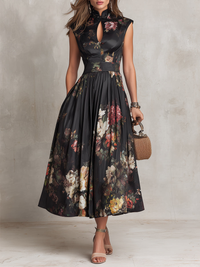 Patricia | Black Floral Satin Pleated Midi Fall Wedding Guest Dress