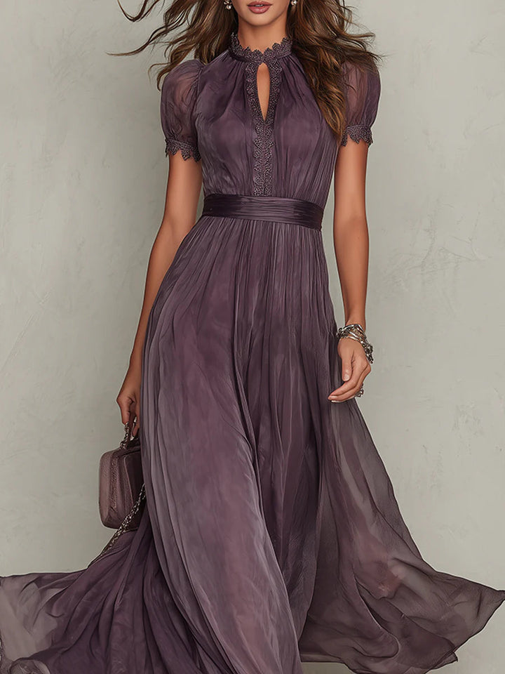 Flavia | Long purple dress with a V-neckline and chiffon lace trim