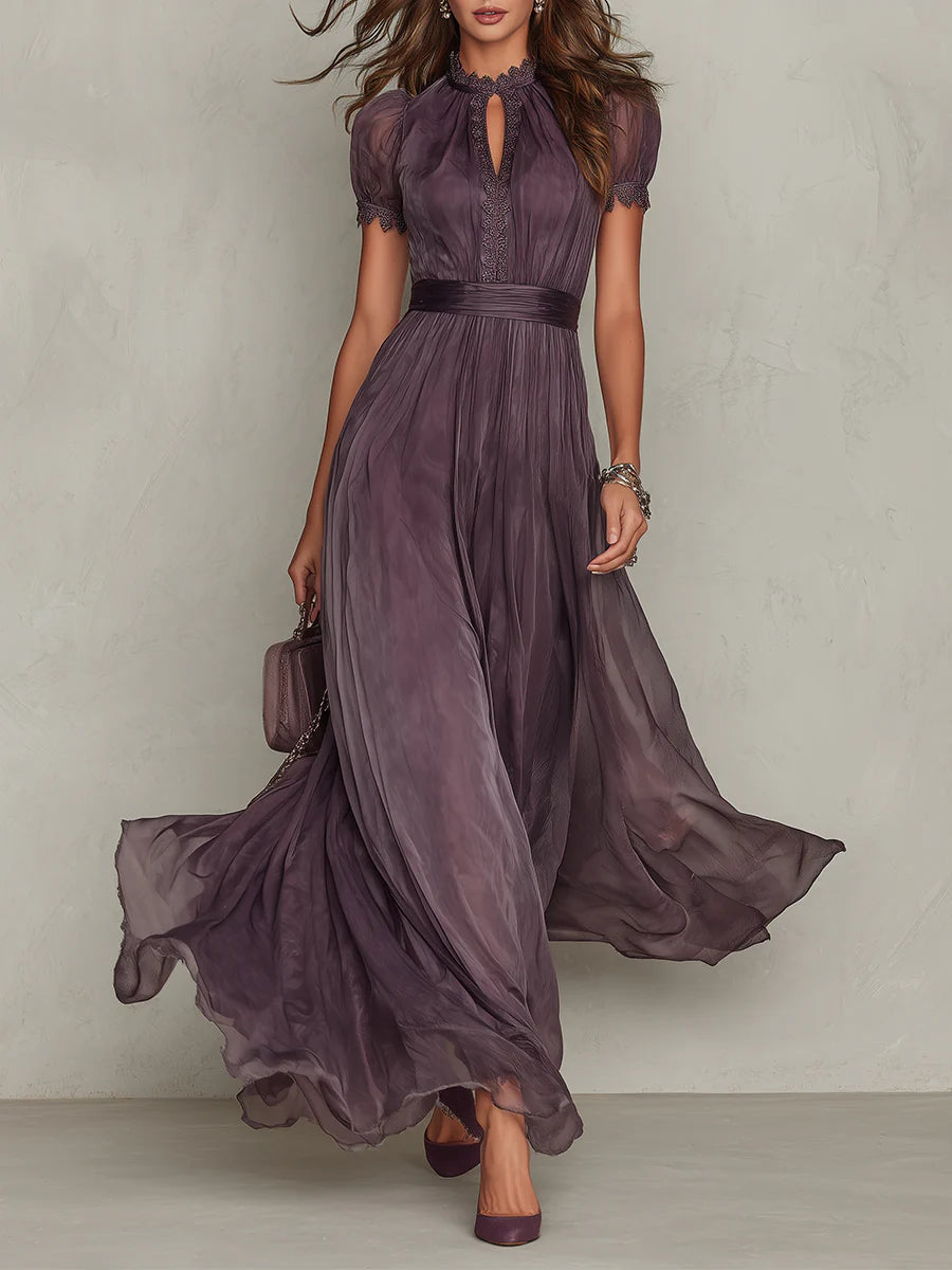 Flavia | Long purple dress with a V-neckline and chiffon lace trim