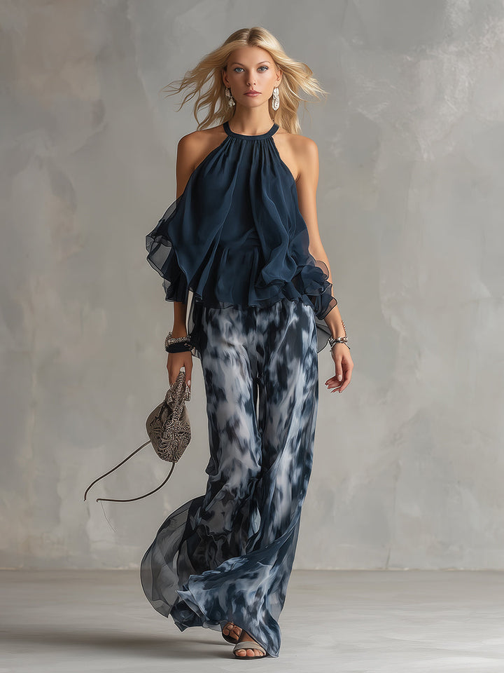 Ludovica | Elegant Navy Blue Halter Top and Wide Printed Pants Set