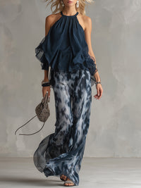 Ludovica | Elegant Navy Blue Halter Top and Wide Printed Pants Set - Fall Wedding Guest Dress