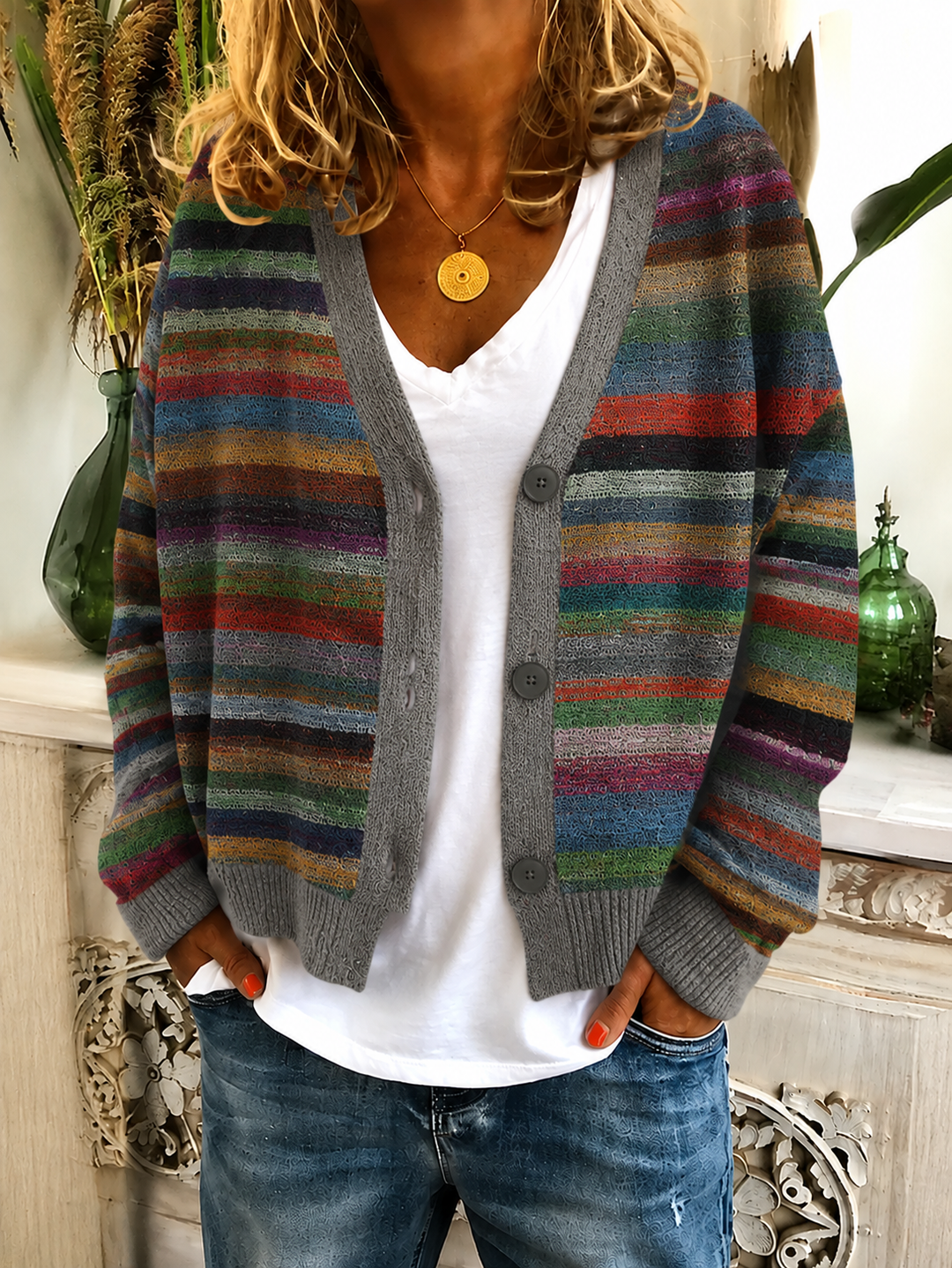 Chunky Striped Knit Women's Cardigan for Fall (2)