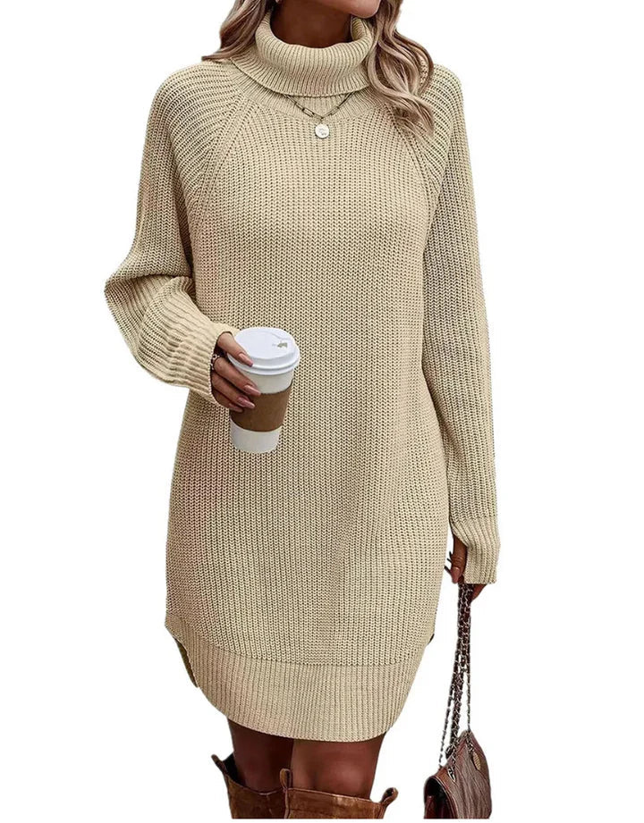 Cozy Knitted Dress with Turtleneck for Fall in Beige