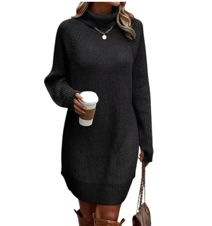 Cozy Knitted Dress with Turtleneck for Fall in Black