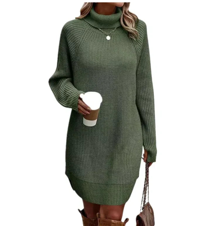 Cozy Knitted Dress with Turtleneck for Fall in Green