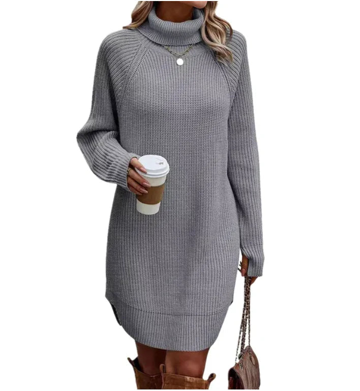 Cozy Knitted Dress with Turtleneck for Fall in Grey