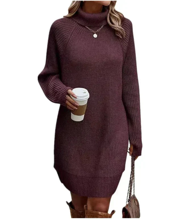 Cozy Knitted Dress with Turtleneck for Fall in Purple
