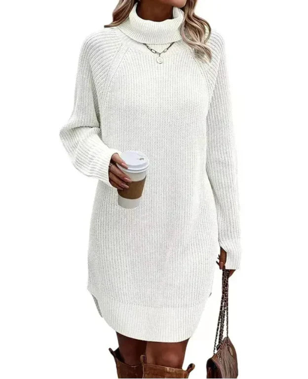 Cozy Knitted Dress with Turtleneck for Fall in White