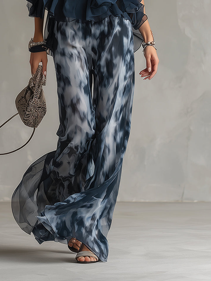 Ludovica | Elegant Navy Blue Halter Top and Wide Printed Pants Set
