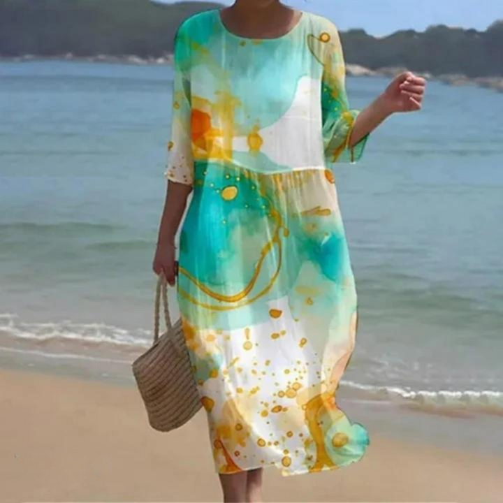 Elegant Midi Dress with Flowing Pattern in Green Blue/Yellow