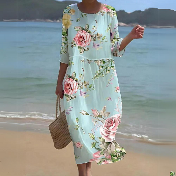 Elegant Midi Dress with Flowing Pattern in Light Blue/Roses