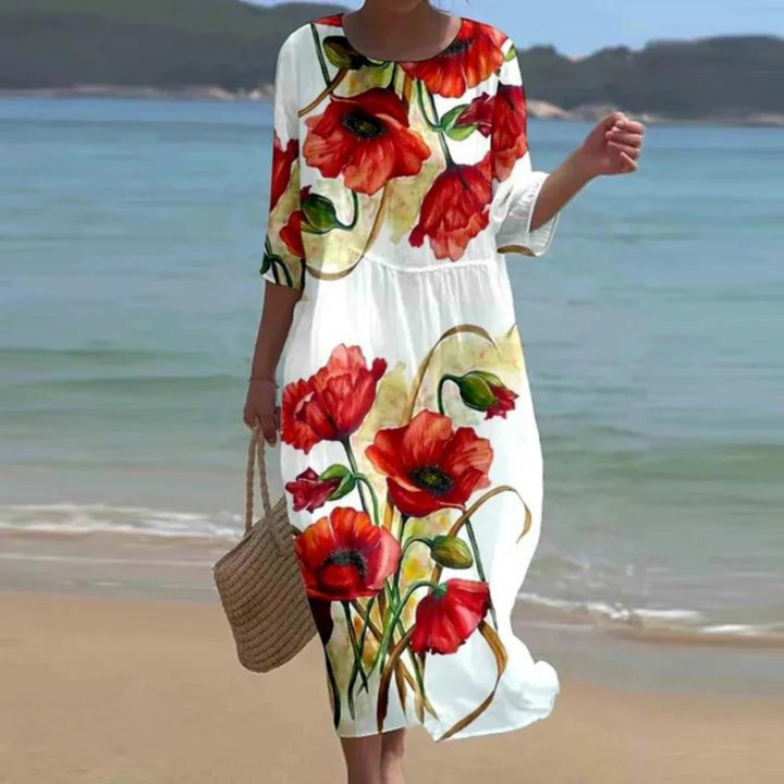 Elegant Midi Dress with Flowing Pattern in Red/White