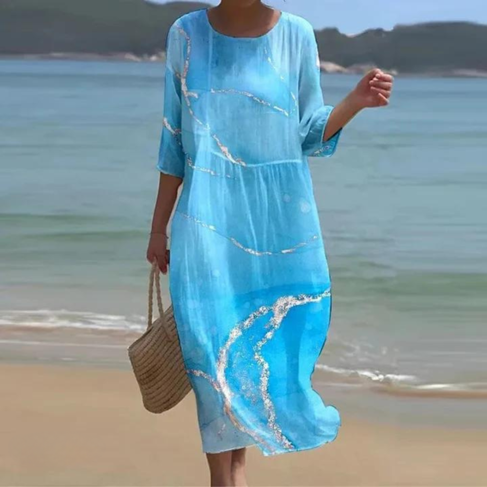 Elegant Midi Dress with Flowing Pattern in Sea Blue