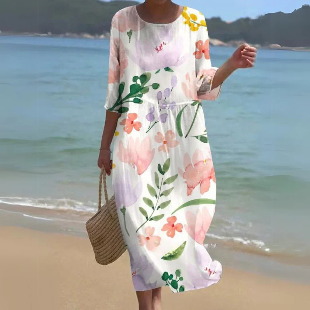 Elegant Midi Dress with Flowing Pattern in Soft Flowers