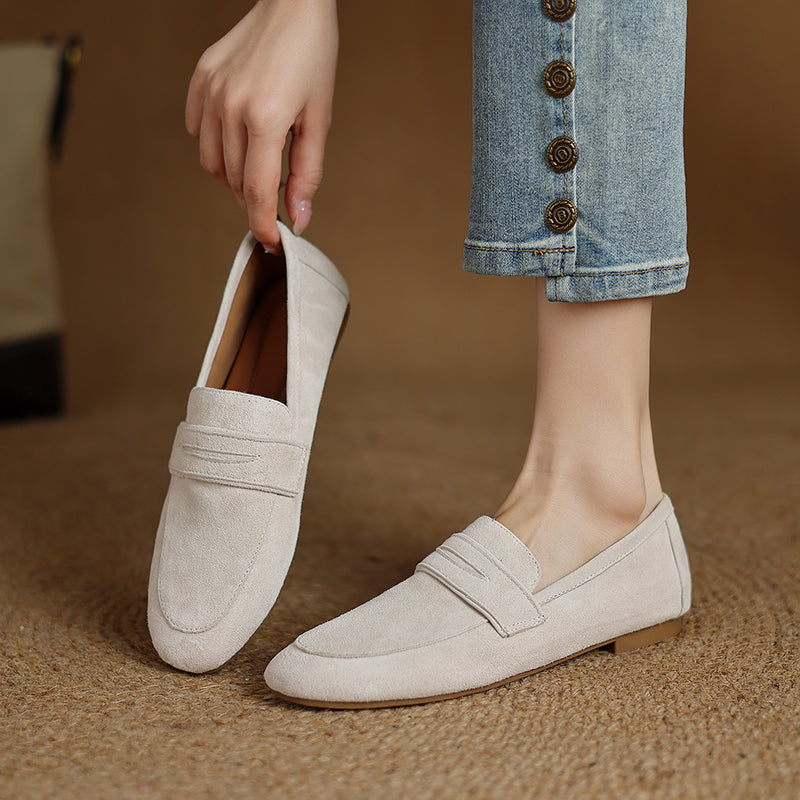 Elegant Suede Leather Flats for Women in Beige