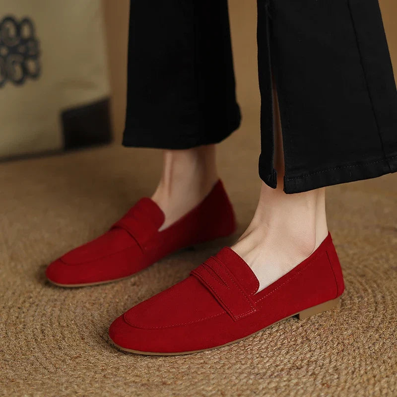 Elegant Suede Leather Flats for Women in Red