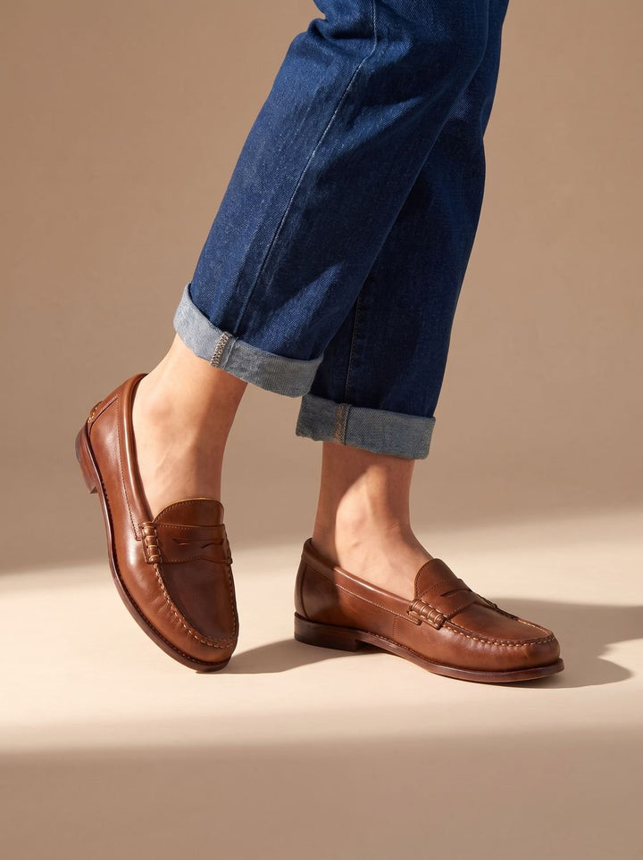 Elegant Women's Leather Flats with Penny Strap in Brown