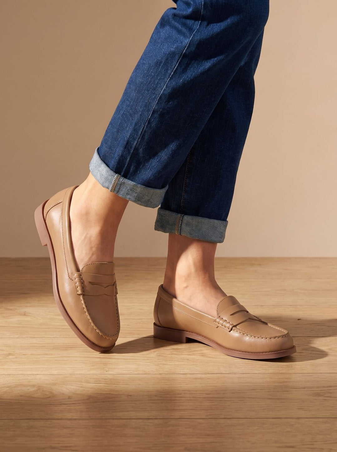 Elegant Women's Leather Flats with Penny Strap in Khaki