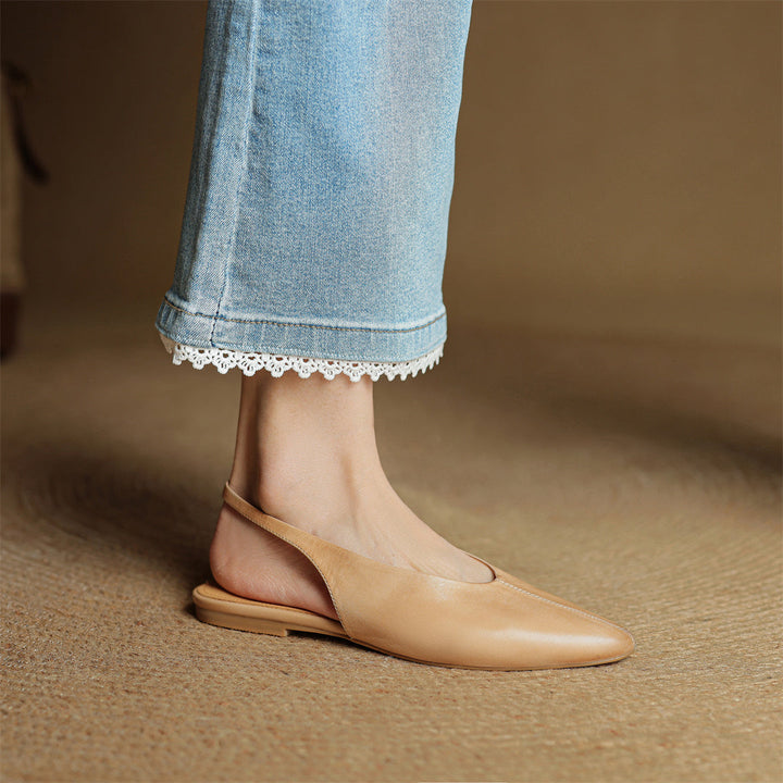 Elegant Women's Leather Flats with Slingback in Beige