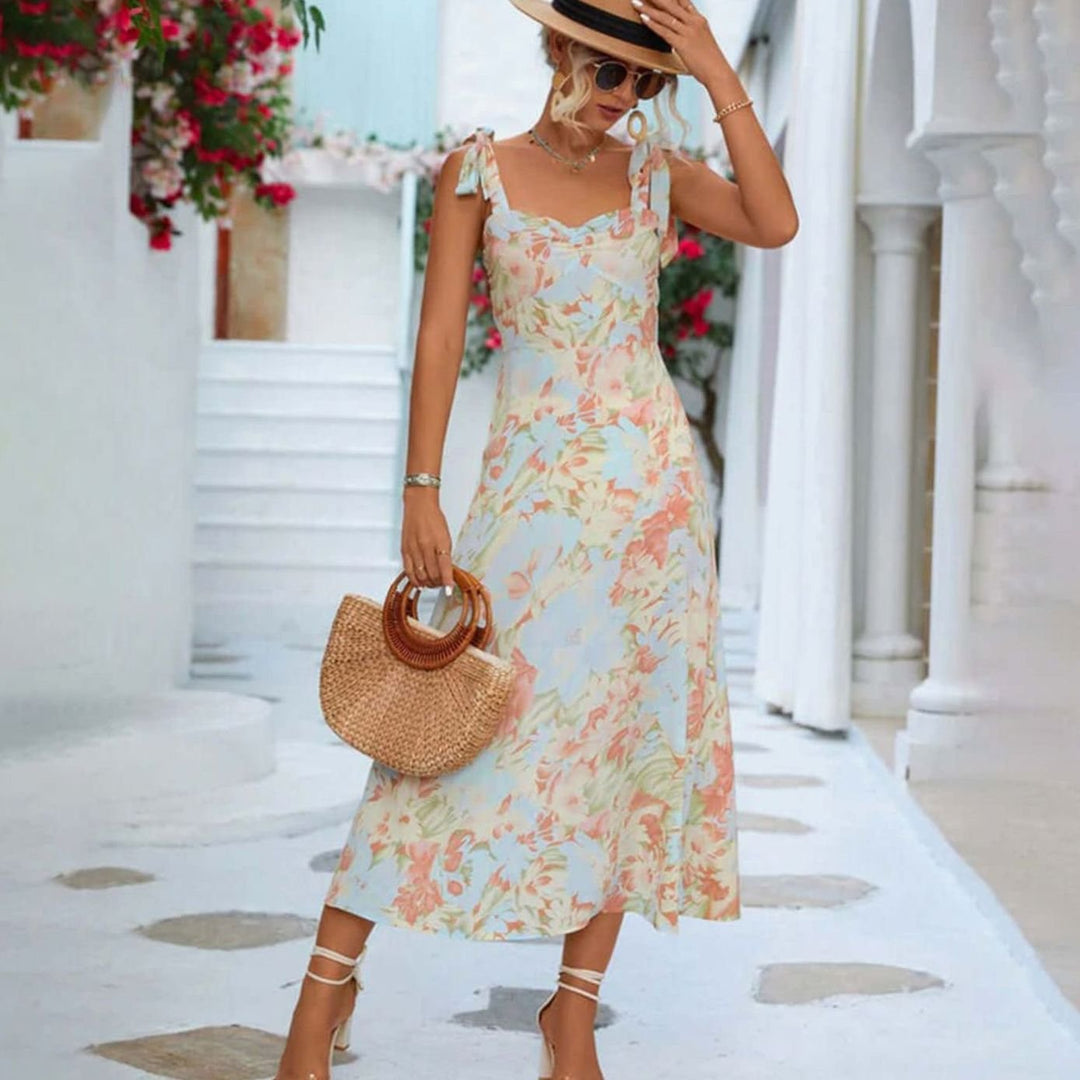 Fall Wedding Guest Dress, A-Line Floral Midi in Apricot
