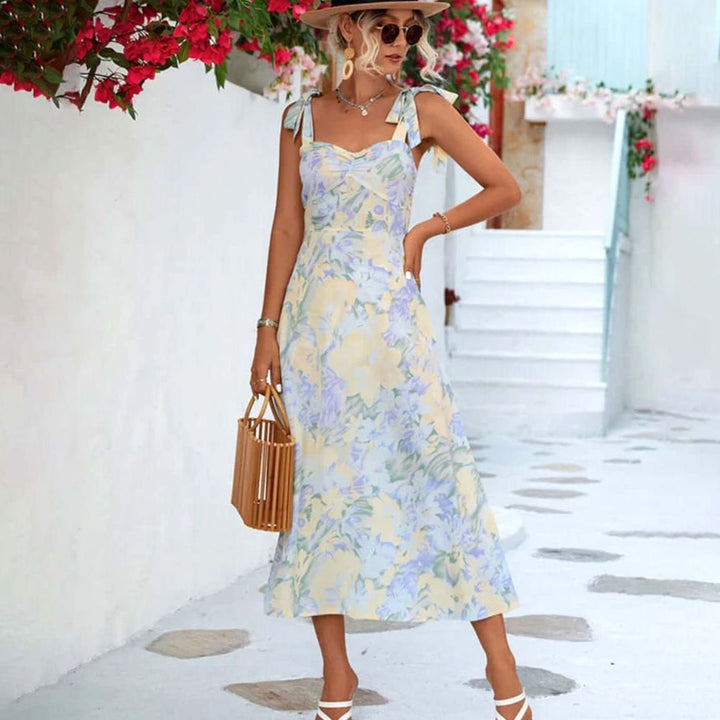 Fall Wedding Guest Dress, A-Line Floral Midi in Blue 1