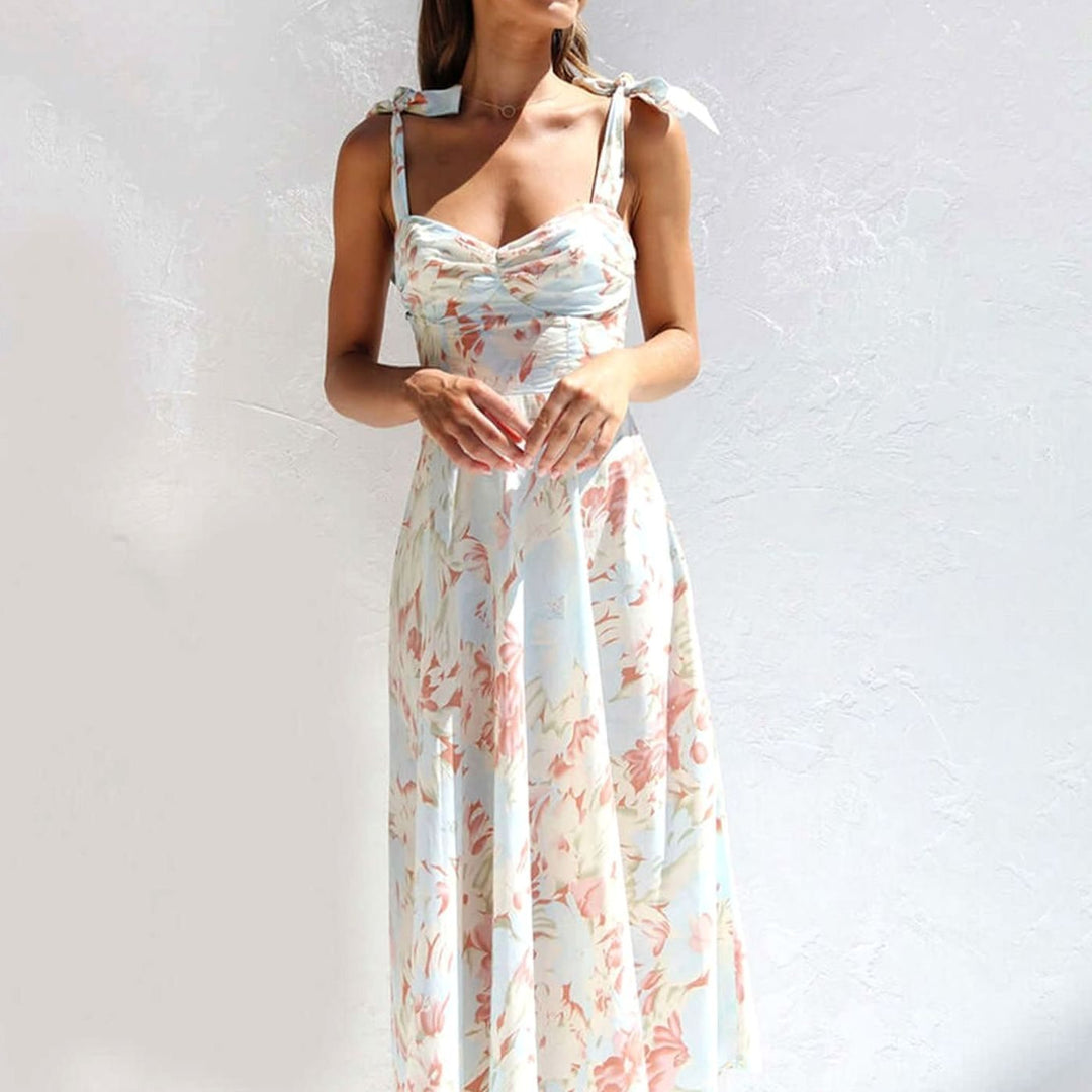 Fall Wedding Guest Dress, A-Line Floral Midi in Blue 3