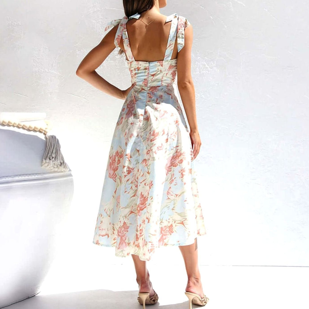Fall Wedding Guest Dress, A-Line Floral Midi in Blue 4