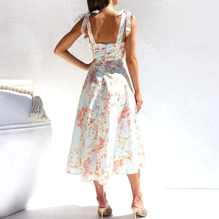 Fall Wedding Guest Dress, A-Line Floral Midi in Blue 4