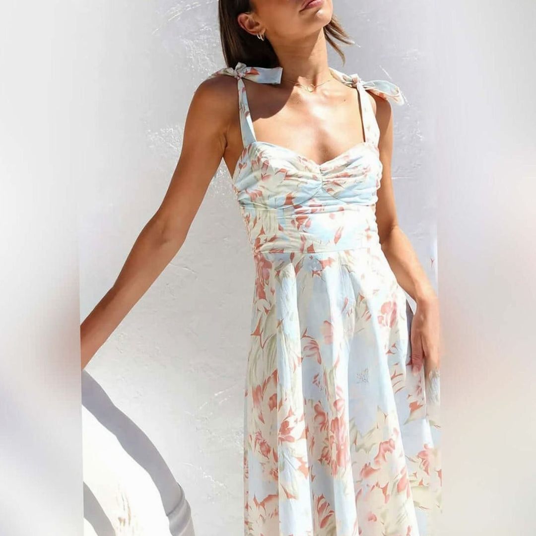 Fall Wedding Guest Dress, A-Line Floral Midi in Blue 5