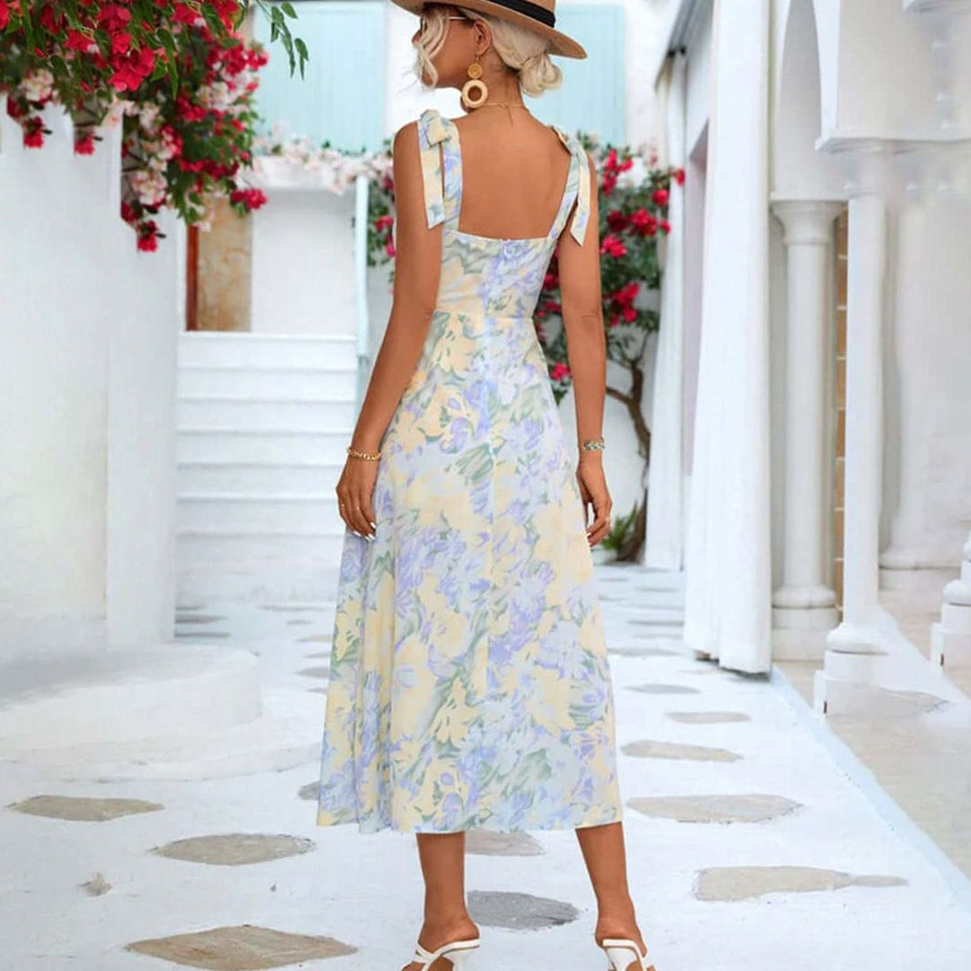 Fall Wedding Guest Dress, A-Line Floral Midi in Blue 7