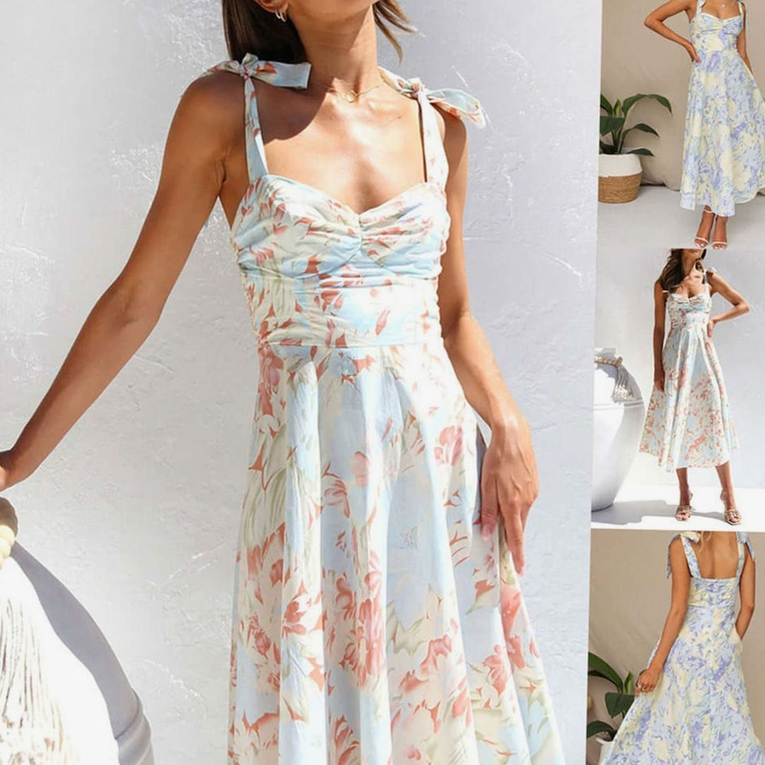 Fall Wedding Guest Dress, A-Line Floral Midi in Blue 9