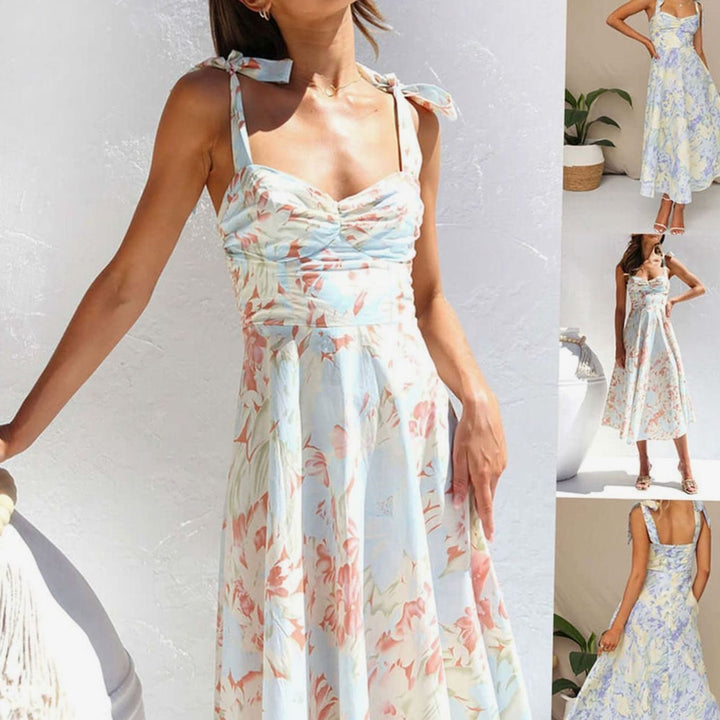 Fall Wedding Guest Dress, A-Line Floral Midi in Blue 9