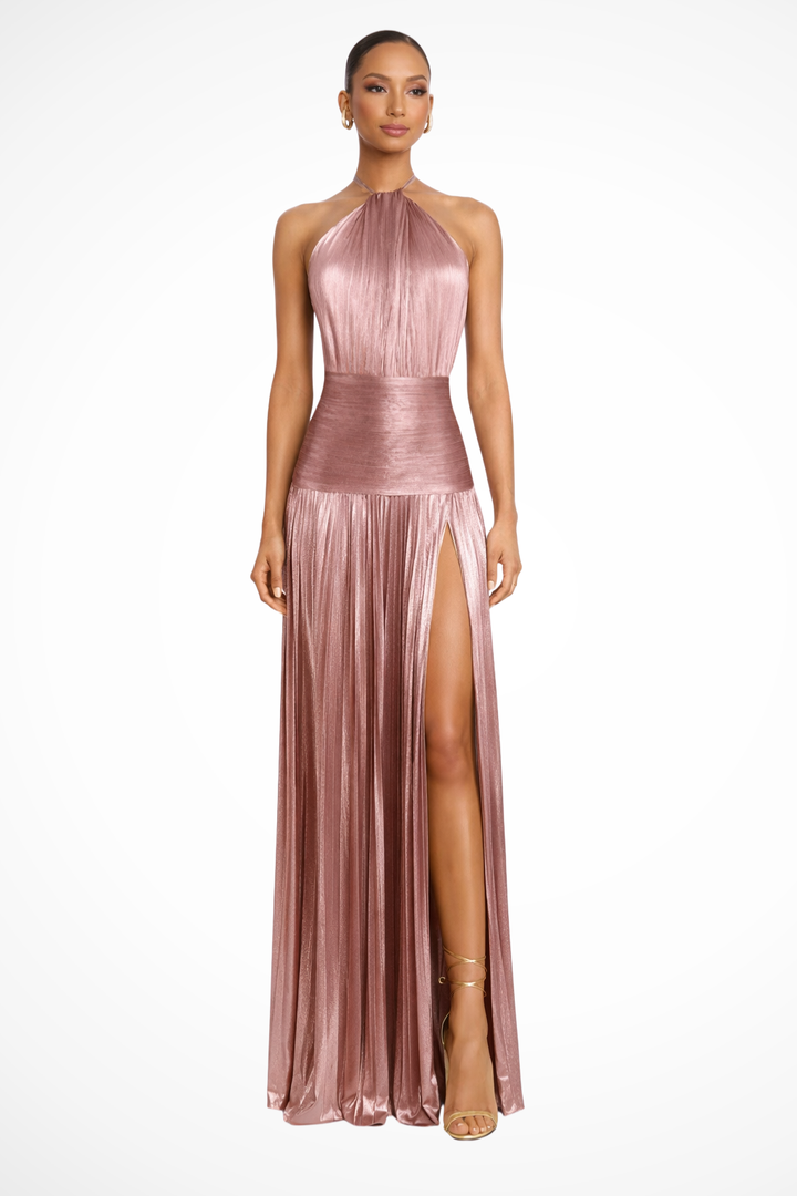 Fall Wedding Guest Dress in Satin Maxi in Pink