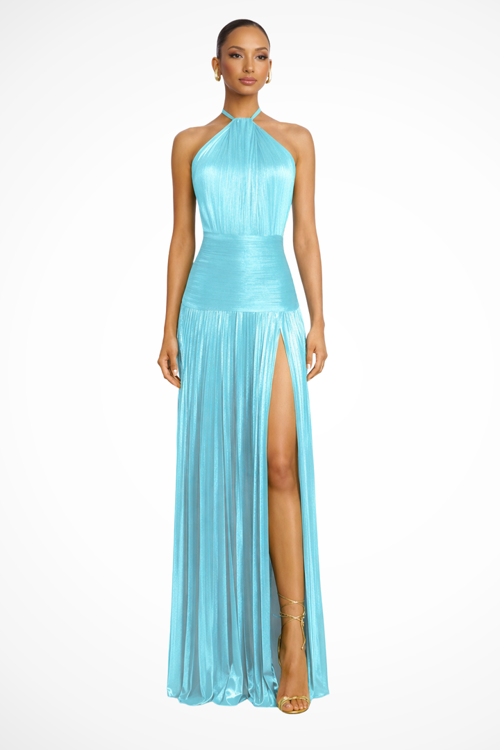 Fall Wedding Guest Dress in Satin Maxi in Sky Blue