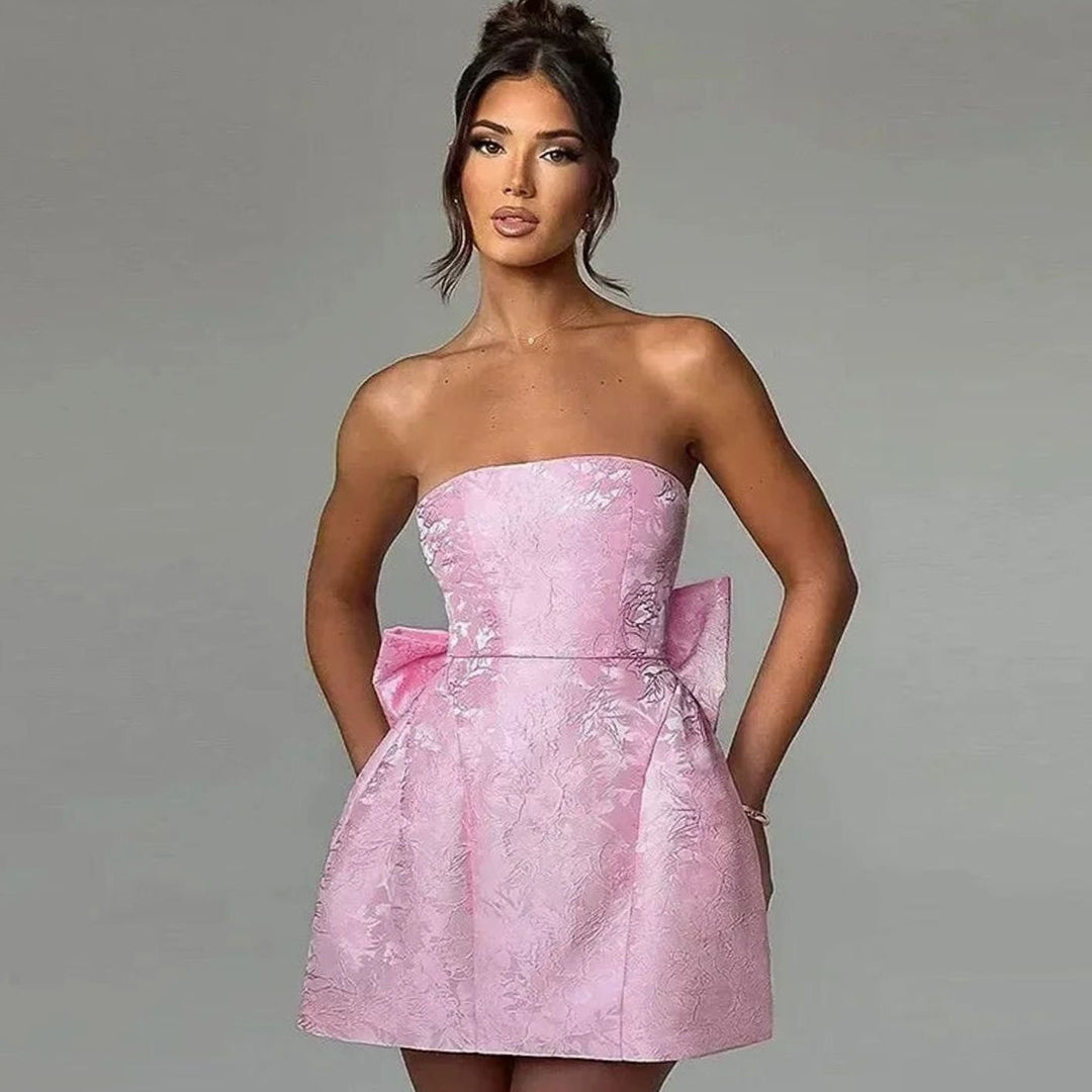 Fall Wedding Guest Dress with Strapless Jacquard in Pink