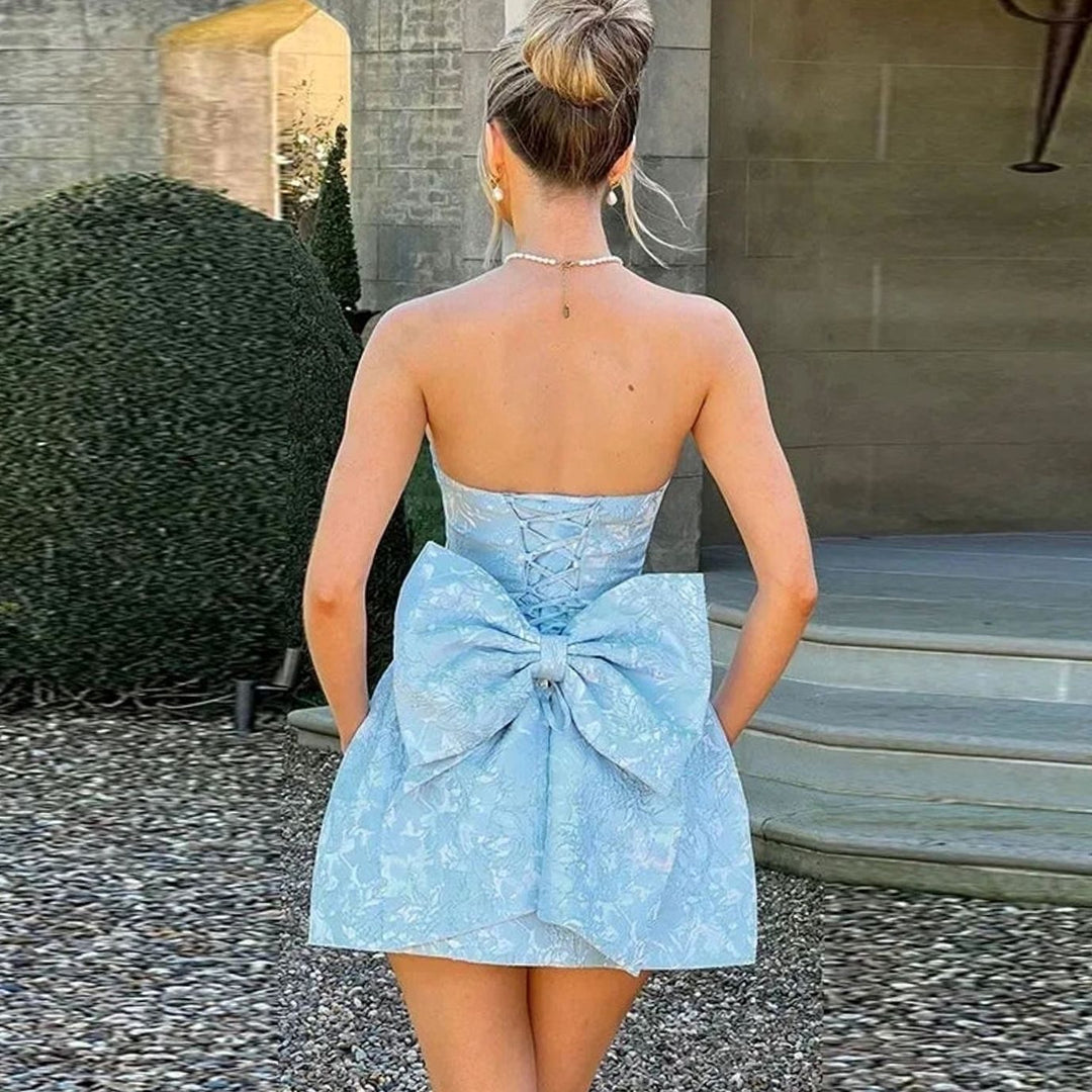 Fall Wedding Guest Dress with Strapless Jacquard in Sky Blue